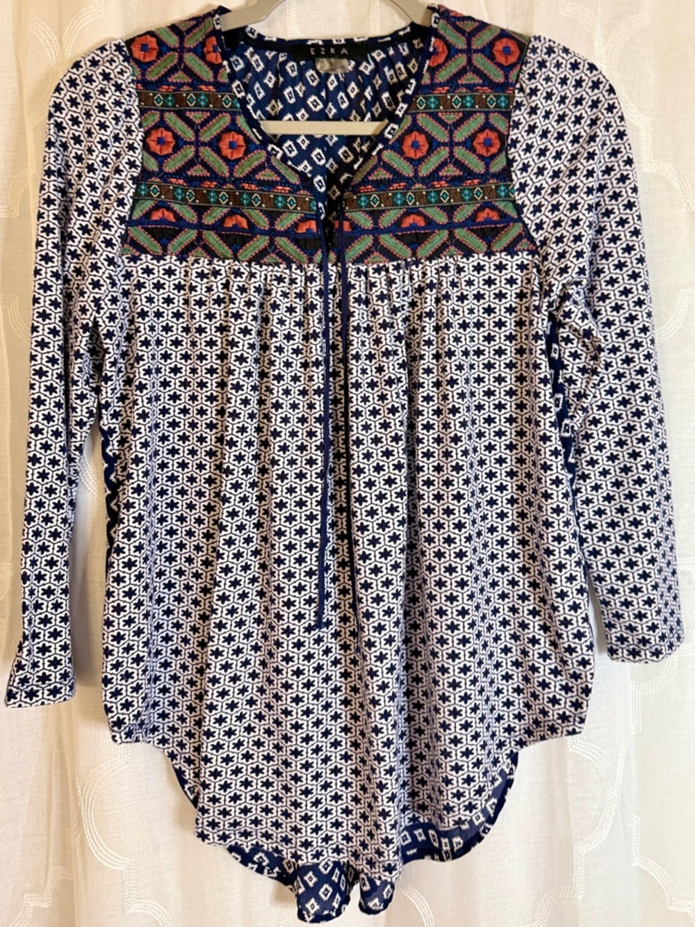 Ezra Boho Printed Blouse | Mixed Print Tunic Top | Blue & Cream | Size Small